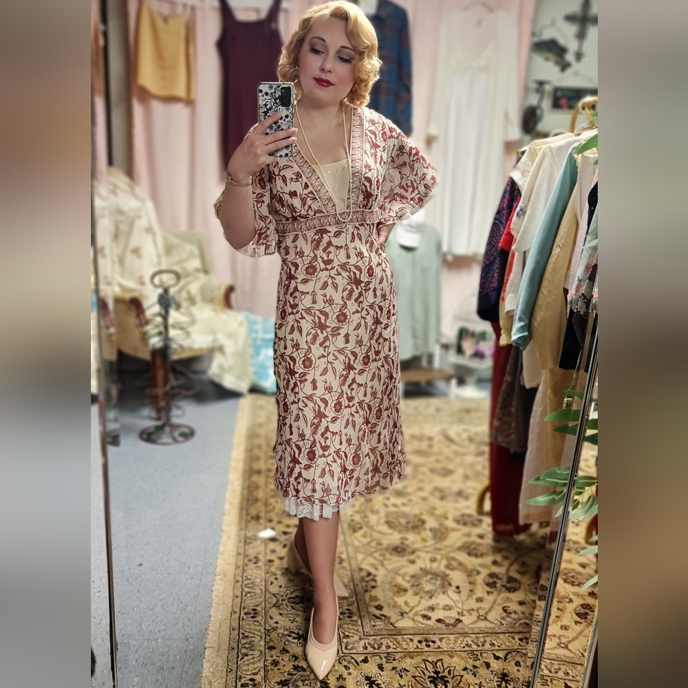 Cream Silk Dress with Rust Floral Print